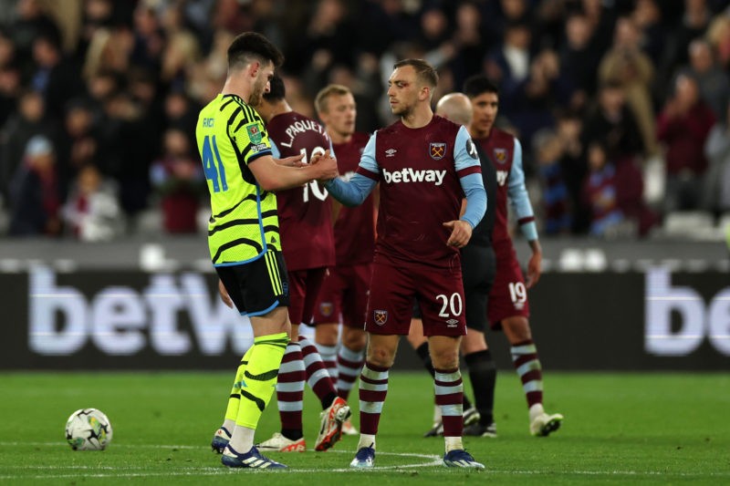 Declan Rice tipped to lift trophies with Arsenal 3 LONDON, ENGLAND - NOVEMBER 01: Declan Rice of Arsenal interacts with Jarrod Bowen of West Ham United following the Carabao Cup Fourth Round match between West Ham United and Arsenal at London Stadium on November 01, 2023 in London, England. (Photo by Eddie Keogh/Getty Images)