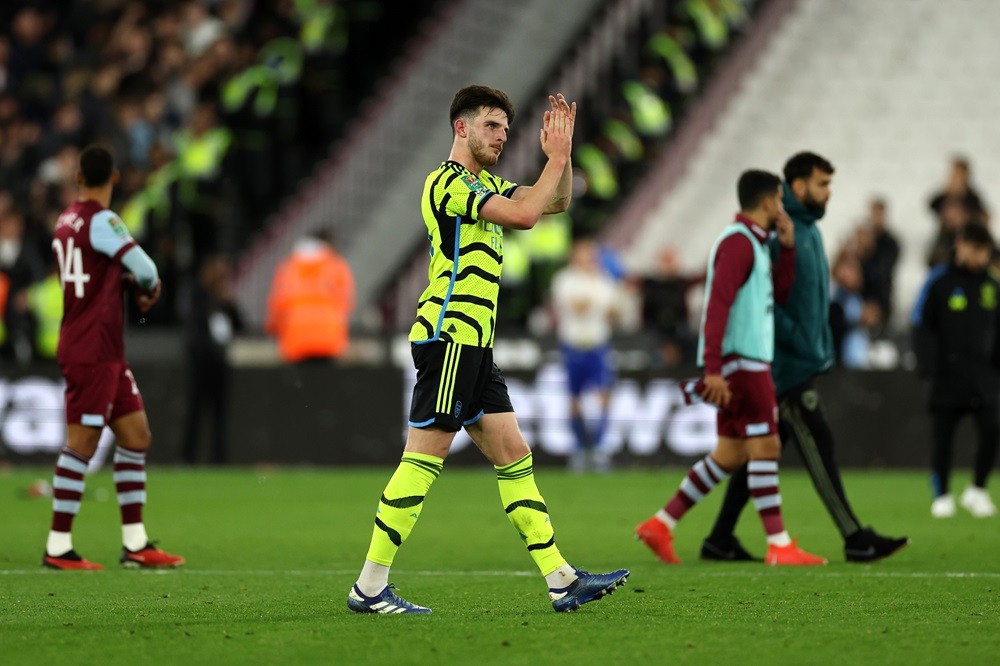 LONDON, ENGLAND: Declan Rice of Arsenal applauds fans following their side's defeat in the Carabao Cup Fourth Round match between West Ham United a...