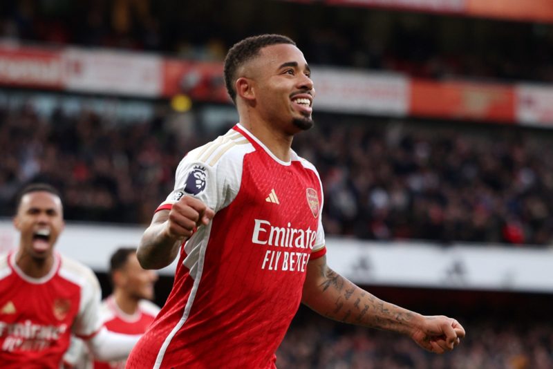 LONDON, ENGLAND - DECEMBER 17: Gabriel Jesus of Arsenal celebrates after scoring their team's first goal during the Premier League match between Ar...