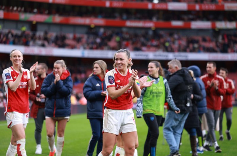 LONDON, ENGLAND - DECEMBER 10: Katie McCabe of Arsenal applauds the fans following the team's victory during the Barclays Women's Super League matc...