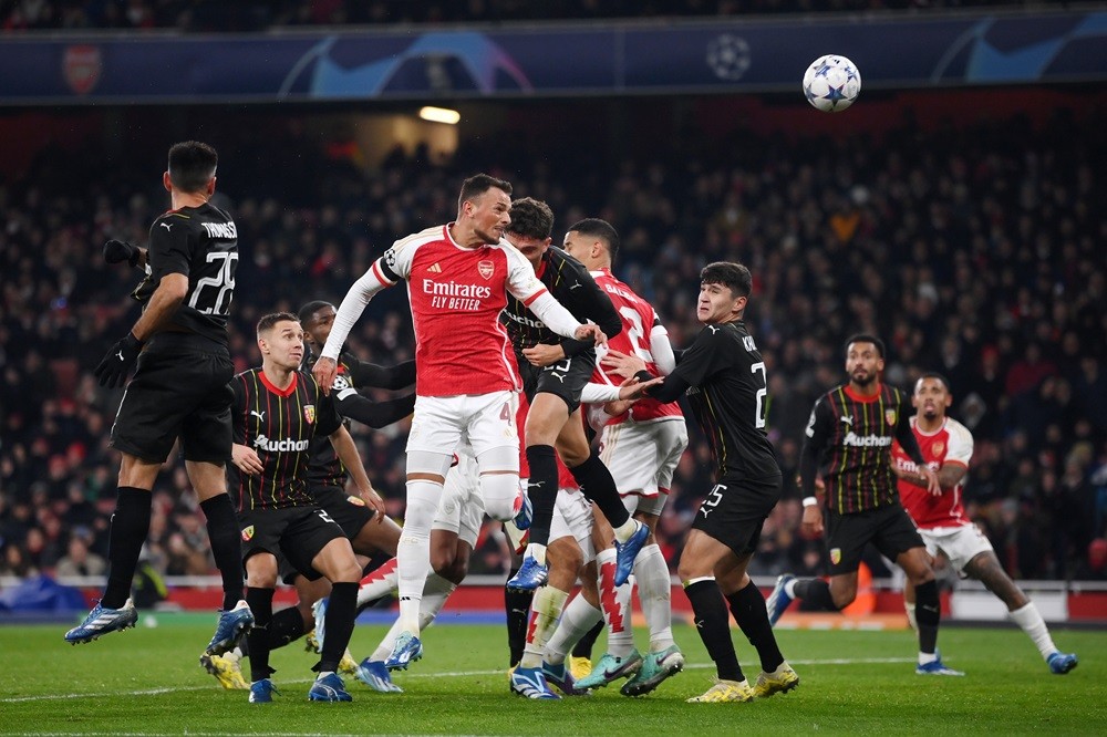 UEFA responds after EU release Super League judgement 3 LONDON, ENGLAND: Ben White of Arsenal heads the ball during the UEFA Champions League match between Arsenal FC and RC Lens at Emirates Stadium on November 29, 2023. (Photo by Mike Hewitt/Getty Images)