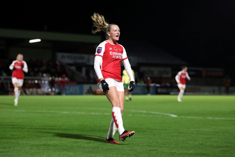 BOREHAMWOOD, ENGLAND - NOVEMBER 09: Frida Maanum of Arsenal celebrates scoring the team's first goal during the FA Women's Continental Tyres League...