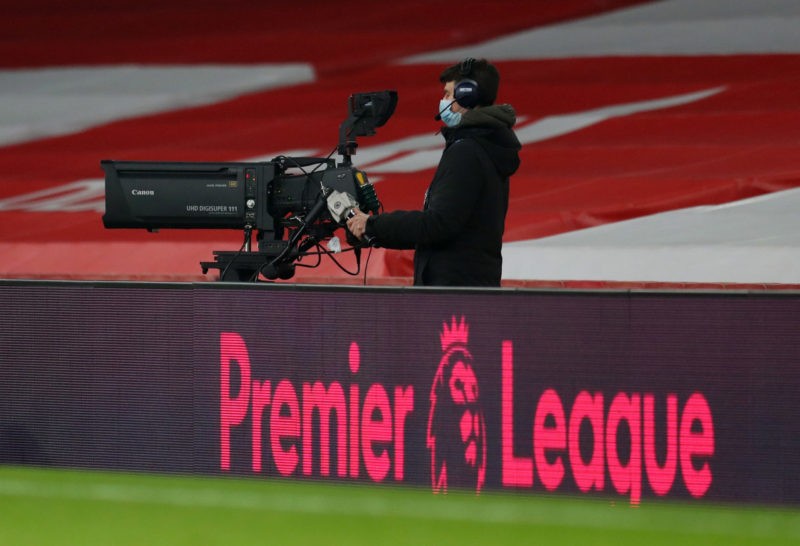 LONDON, ENGLAND - NOVEMBER 29: A television camera behind the Premier League logo during the Premier League match between Arsenal and Wolverhampton...