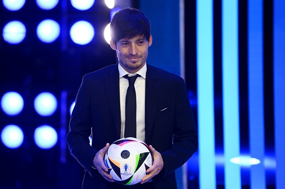 HAMBURG, GERMANY: Special guest David Silva​ takes to the stage with the Adidas Euro 2024 Fussballliebe, Official Match Ball of UEFA Euro 2024, dur...