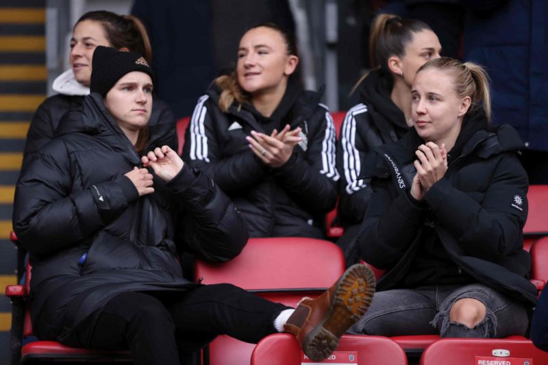 LONDON, ENGLAND - MARCH 05: Vivianne Miedema (L) and Beth Mead of Arsenal looks on prior to the FA Women's Continental Tyres League Cup Final match...