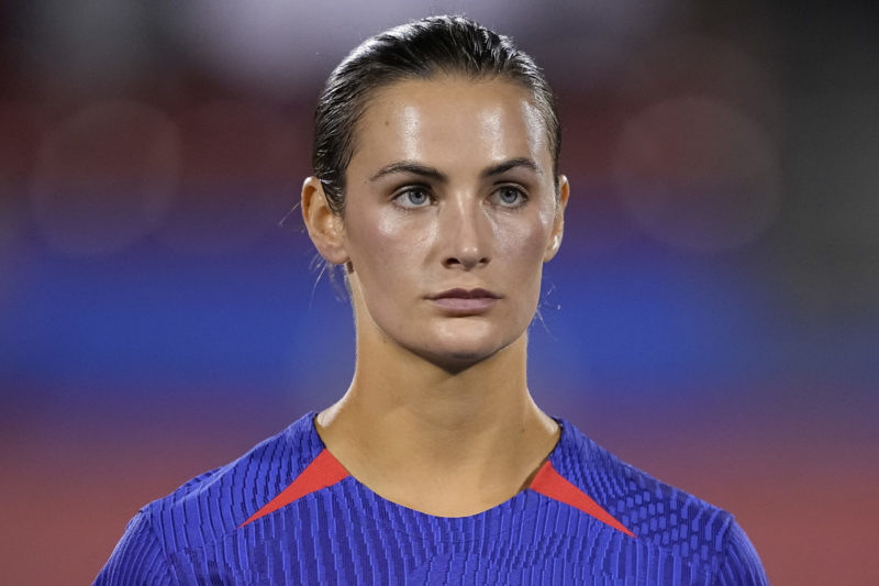 FRISCO, TEXAS - DECEMBER 05: Emily Fox #23 of United States looks on during the singing of the U.S. national anthem before the match against China ...