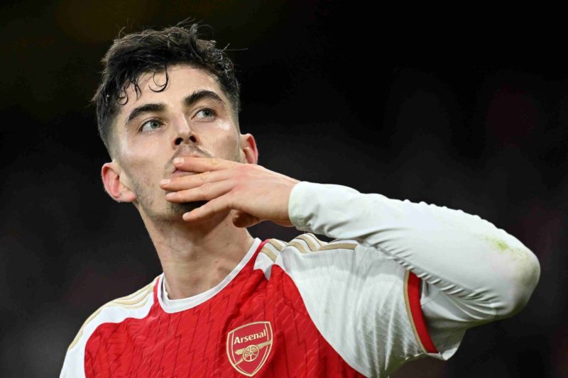 Arsenal's German midfielder #29 Kai Havertz celebrates scoring the team's second goal during the English Premier League football match between Arse...