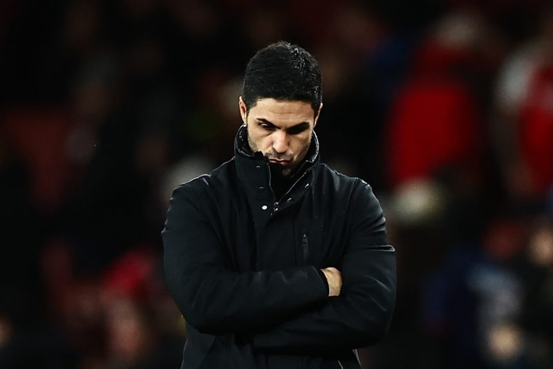 Arsenal's Spanish manager Mikel Arteta reacts at the end of the English Premier League football match between Arsenal and West Ham at the Emirates ...