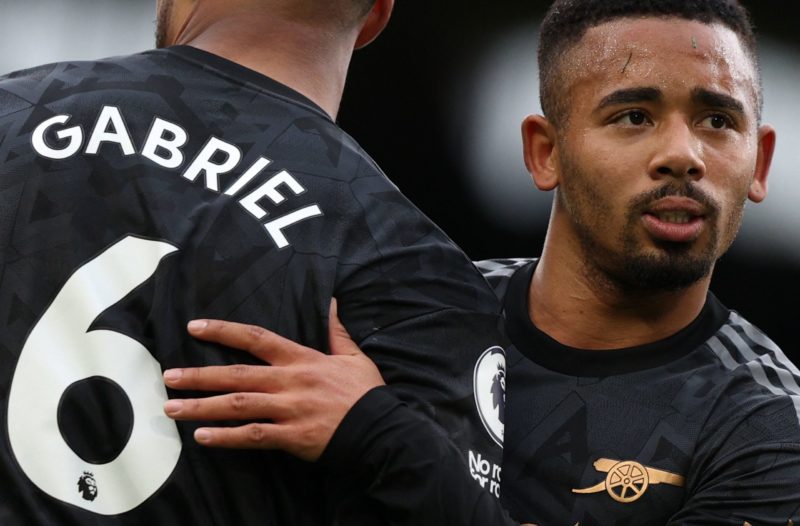 Arsenal's Brazilian defender Gabriel Magalhaes (L) and Arsenal's Brazilian striker Gabriel Jesus congratulate each other after the English Premier ...