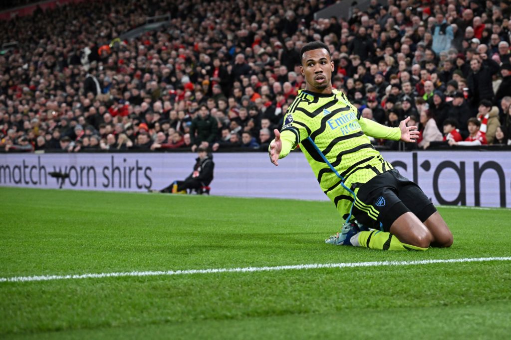Arsenal's Brazilian defender #06 Gabriel Magalhaes celebrates after scoring his team first goal during the English Premier League football match between Liverpool and Arsenal at Anfield in Liverpool, north west England on December 23, 2023. (Photo by PAUL ELLIS/AFP via Getty Images)