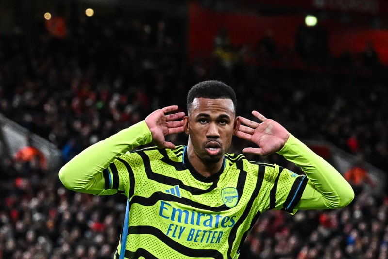 Arsenal's Brazilian defender #06 Gabriel Magalhaes celebrates after scoring his team first goal during the English Premier League football match be...
