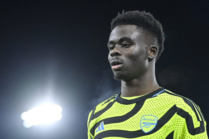 Arsenal's English midfielder #07 Bukayo Saka reacts during the English Premier League football match between Luton Town and Arsenal at Kenilworth R...