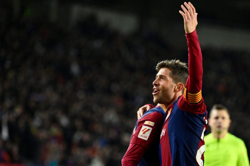 Barcelona's Spanish midfielder #20 Sergi Roberto celebrates after scoring his team's third goal during the Spanish league football match between FC...
