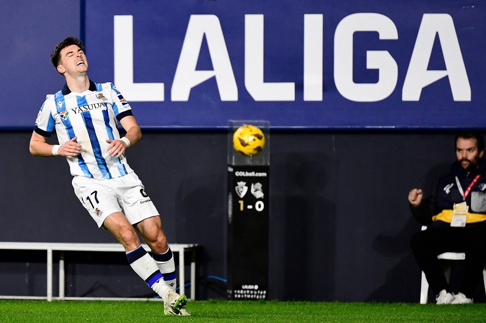 Real Sociedad's Kieran Tierney reacts during the Spanish league football match between CA Osasuna and Real Sociedad at El Sadar stadium in Pamplona...