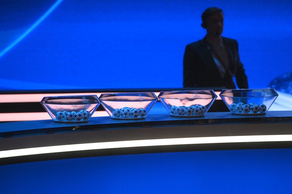 Draw balls displayed on set prior to the draw ceremony for the UEFA Champions League 2023-2024 Group Stage at The Grimaldi Forum in the Principalit...