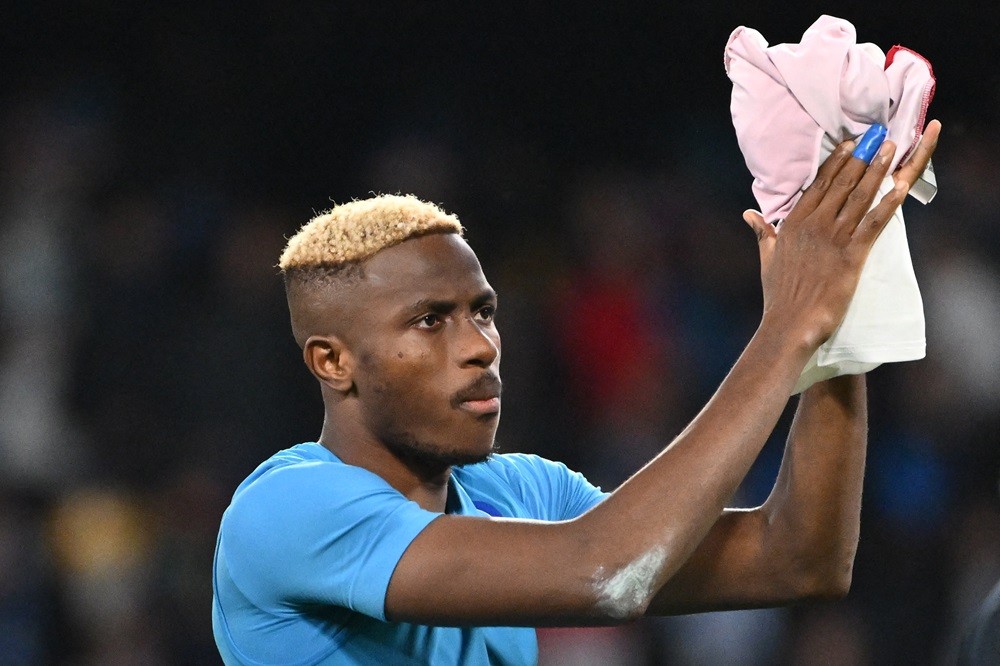 Napoli's Victor Osimhen celebrates after winning 2-0 the UEFA Champions League Group C football match Napoli vs Sporting Braga at the Diego Armando...