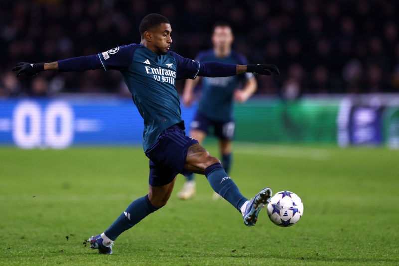 Arsenal's British forward #24 Reiss Nelson controls the ball during a UEFA Champions League group B football match between PSV Eindhoven and Arsena...
