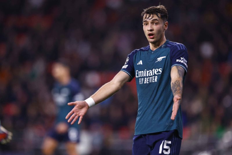 Arsenal's Polish defender #15 Jakub Kiwior reacts during a UEFA Champions League group B football match between PSV Eindhoven and Arsenal FC at the...