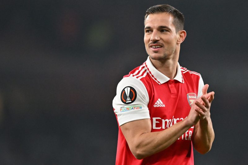 Arsenal's German-born Portuguese defender Cedric Soares claps fans after the UEFA Europa League Group A football match between Arsenal and FC Zuric...