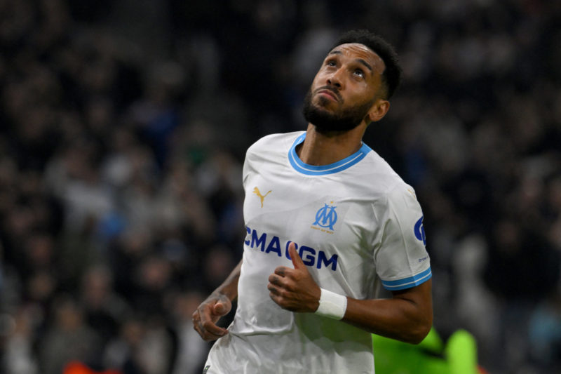 Marseille's French-Gabonese forward #10 Pierre-Emerick Aubameyang reacts during the UEFA Europa League Group B football match between Olympique de ...