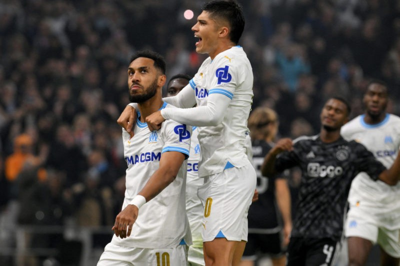 Marseille's French-Gabonese forward #10 Pierre-Emerick Aubameyang (L) reacts after scoring a penalty kick for his team's first goal during the UEFA Europa League Group B football match between Olympique de Marseille and Ajax Amsterdam at the Velodrome Stadium in Marseille, southeastern France, on November 30, 2023. (Photo by NICOLAS TUCAT/AFP via Getty Images)