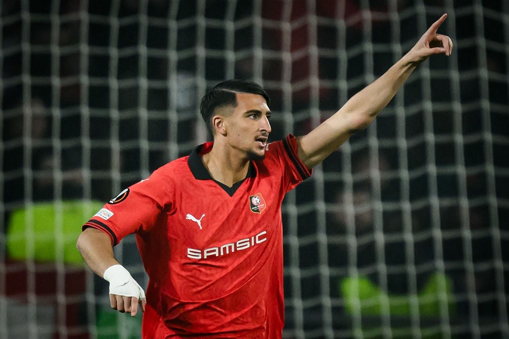Rennes' Ibrahim Salah celebrates scoring his team's second goal during the UEFA Europa League Group F football match between Stade Rennais (Rennes)...