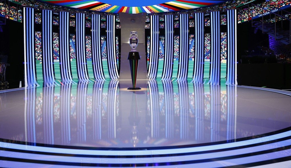 A general view shows the trophy standing on the stage after the final draw for the UEFA Euro 2024 European Championship football competition in Hamburg, northern Germany on December 2, 2023. (Photo by ODD ANDERSEN/AFP via Getty Images)