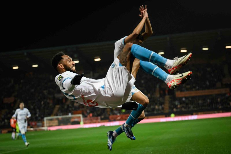 Marseille's French-Gabonese forward #10 Pierre-Emerick Aubameyang celebrates scoring his team's second goal during the French L1 football match bet...