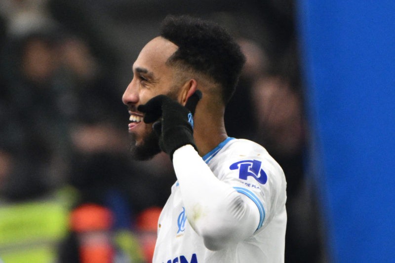 Marseille's French-Gabonese forward #10 Pierre-Emerick Aubameyang gestures as he celebrates scoring Marseille's third goal during the French L1 foo...