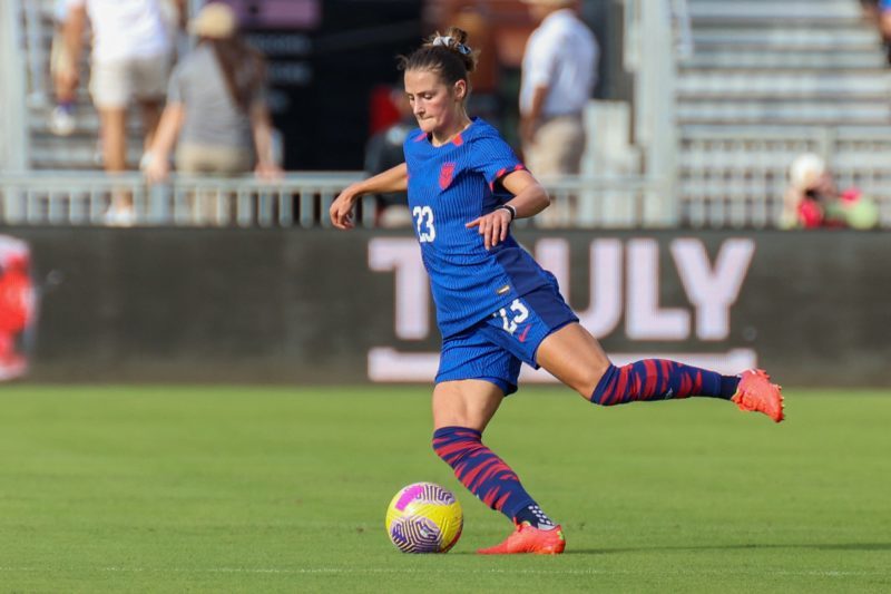 USA's defender #23 Emily Fox kicks the ball during the women's international friendly football match between USA and China at DRV PNK Stadium in Fort Lauderdale, Florida on December 2, 2023. (Photo by CHRIS ARJOON/AFP via Getty Images)