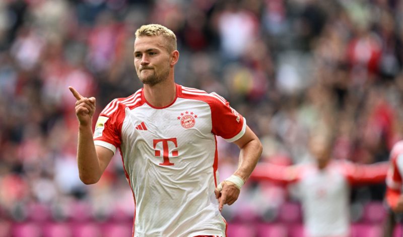 Bayern Munich's Dutch defender #04 Matthijs de Ligt celebrates after scoring the 3-0 goal during the German first division Bundesliga football matc...