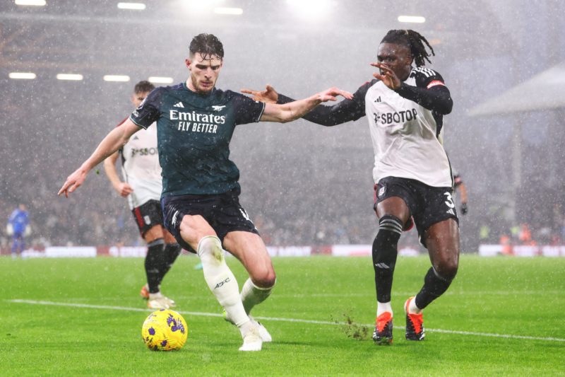 "Not good enough again" says Declan Rice after Arsenal lose to Fulham 2 LONDON, ENGLAND - DECEMBER 31: Declan Rice of Arsenal is challenged by Calvin Bassey of Fulham during the Premier League match between Fulham FC and Arsenal FC at Craven Cottage on December 31, 2023 in London, England. (Photo by Clive Rose/Getty Images)