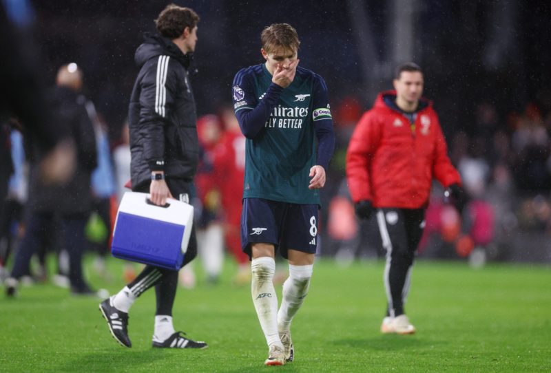 "Not good enough again" says Declan Rice after Arsenal lose to Fulham 4 LONDON, ENGLAND - DECEMBER 31: Martin Odegaard of Arsenal looks dejected after the team's defeat in the Premier League match between Fulham FC and Arsenal FC at Craven Cottage on December 31, 2023 in London, England. (Photo by Clive Rose/Getty Images)