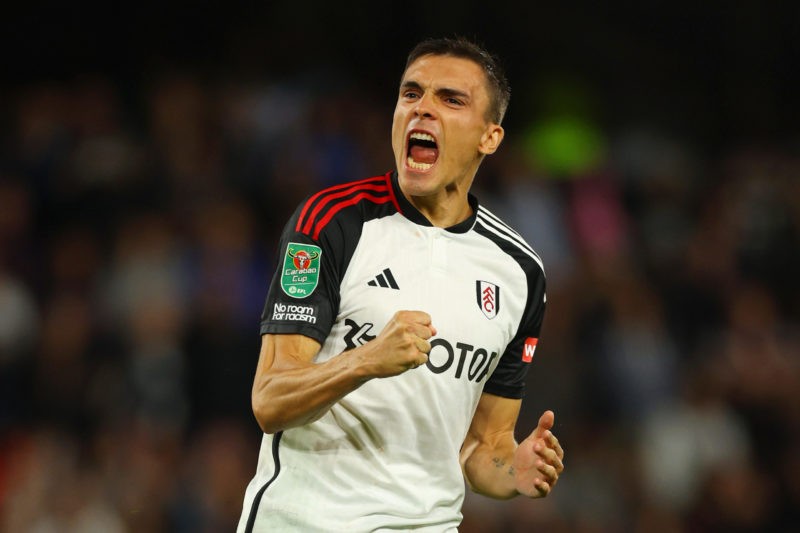 LONDON, ENGLAND - AUGUST 29: Joao Palhinha of Fulham celebrates after scoring their team's fourth penalty in the penalty shoot out during the Carab...