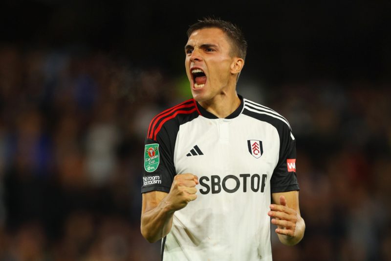 LONDON, ENGLAND - AUGUST 29: Joao Palhinha of Fulham celebrates after scoring their team's fourth penalty in the penalty shoot out during the Carab...