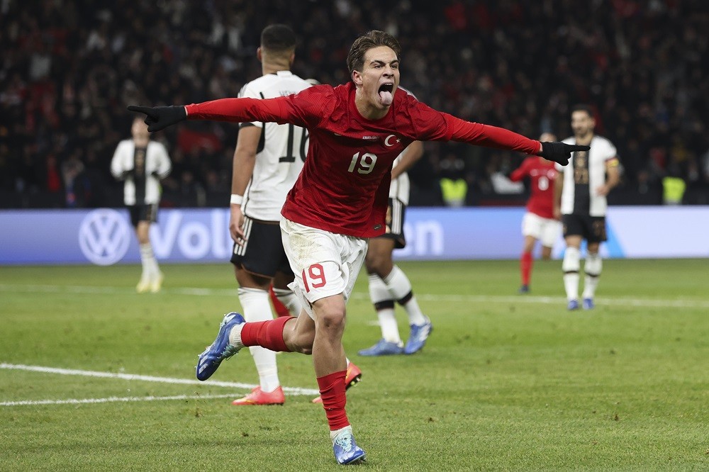 BERLIN, GERMANY: Kenan Yildiz of Turkey celebrates after scoring the team's second goal during an international friendly match between Germany and Turkey at Olympiastadion on November 18, 2023. (Photo by Maja Hitij/Getty Images)