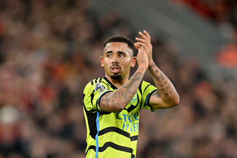 LIVERPOOL, ENGLAND - DECEMBER 23: Gabriel Jesus of Arsenal applauds the fans as he leaves the field following his substitution during the Premier L...