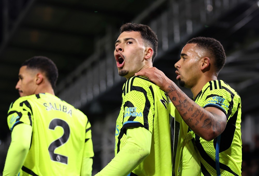 Arsenal injury updates pre-Aston Villa 2 LUTON, ENGLAND: Gabriel Martinelli of Arsenal celebrates after Gabriel Jesus scores the teams second goal during the Premier League match between Luton Town and Arsenal FC at Kenilworth Road on December 05, 2023. (Photo by Catherine Ivill/Getty Images)
