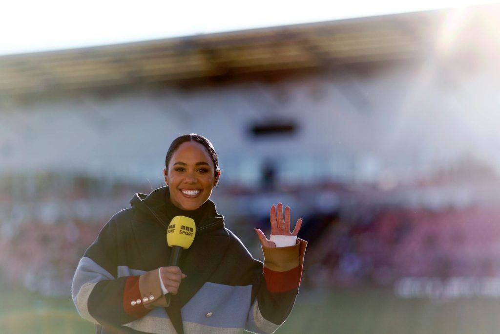 LEIGH, ENGLAND - APRIL 19: Presenter and former Arsenal Player Alex Scott is seen during the FA Women's Super League match between Manchester United and Arsenal at Leigh Sports Village on April 19, 2023 in Leigh, England. (Photo by Naomi Baker/Getty Images)