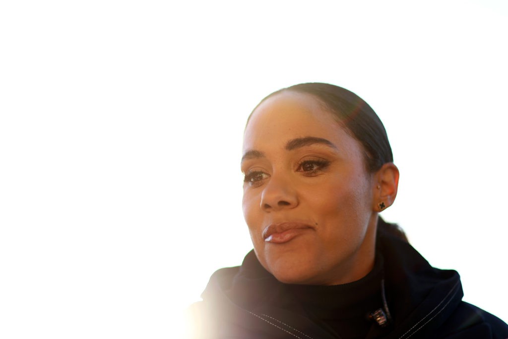 LEIGH, ENGLAND - APRIL 19: Presenter and former Arsenal Player Alex Scott is seen during the FA Women's Super League match between Manchester United and Arsenal at Leigh Sports Village on April 19, 2023 in Leigh, England. (Photo by Naomi Baker/Getty Images)