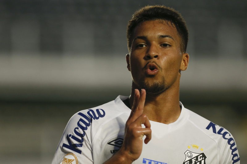 SANTOS, BRAZIL - JULY 23: Marcos Leonardo of Santos celebrates after scoring the team's second goal during the match between Santos and Botafogo as...
