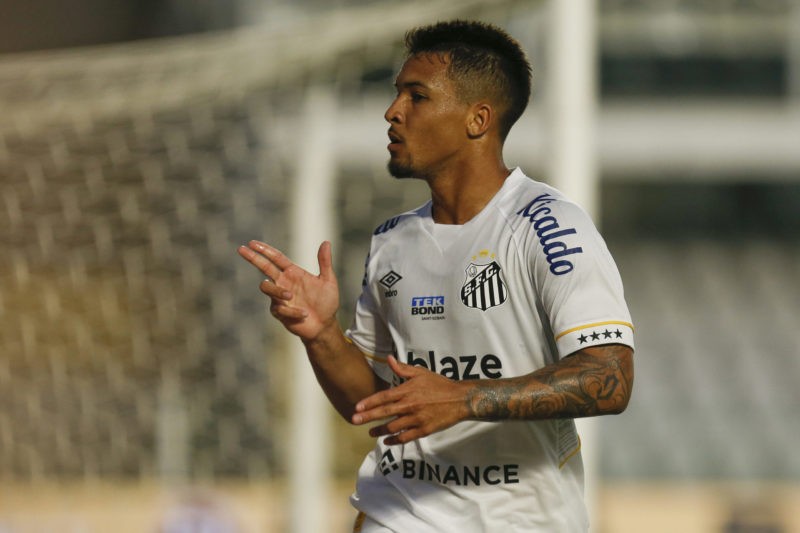 SANTOS, BRAZIL - JULY 23: Marcos Leonardo of Santos celebrates after scoring the team's second goal during the match between Santos and Botafogo as...