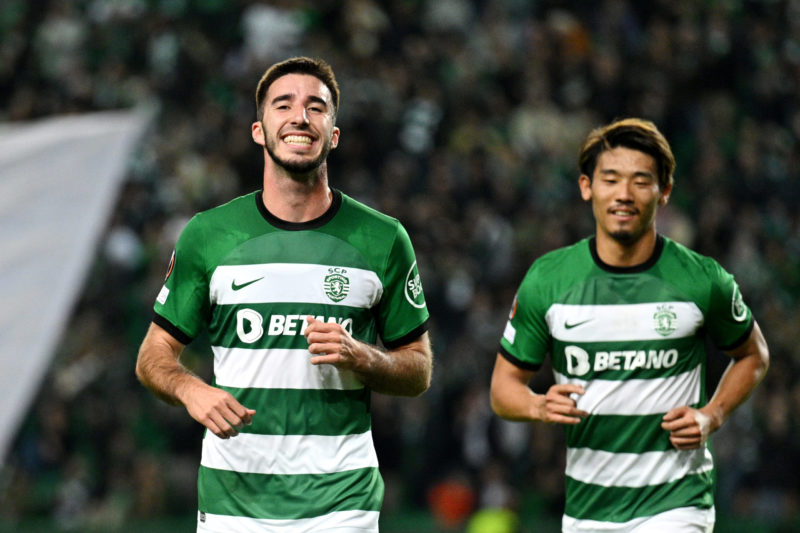 LISBON, PORTUGAL - DECEMBER 14: Goncalo Inacio of Sporting CP celebrates scoring their team's third goal during the UEFA Europa League 2023/24 matc...