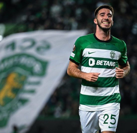 LISBON, PORTUGAL - DECEMBER 14: Goncalo Inacio of Sporting celebrates after scoring their team's third goal during the Group D - UEFA Europa League...
