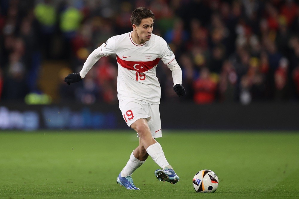 CARDIFF, WALES: Kenan Yildiz of Turkey during the UEFA EURO 2024 European qualifier match between Wales and Turkey at Cardiff City Stadium on November 21, 2023. (Photo by Michael Steele/Getty Images)