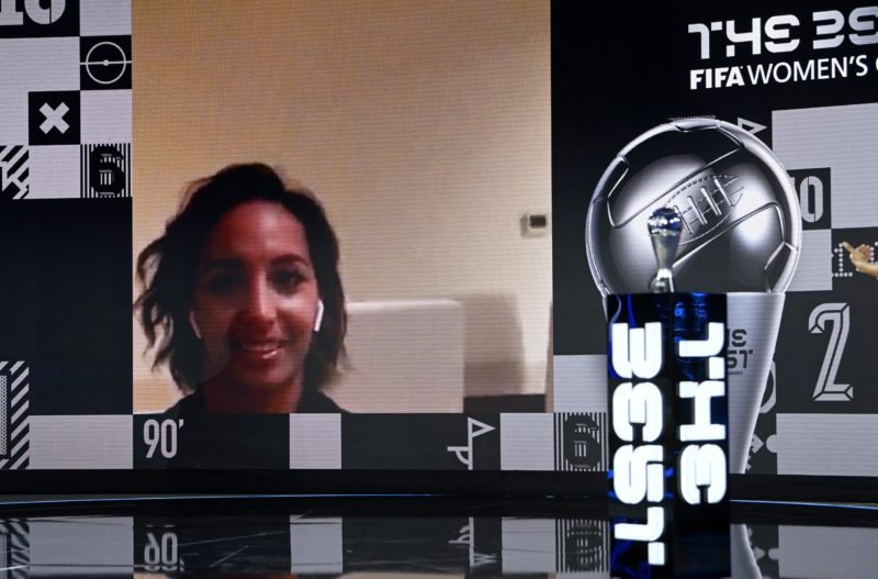 Sarah Bouhaddi is seen giving a acceptance speech on a video link after winning The Best FIFA Women's Goalkeeper during the The Best FIFA Football ...