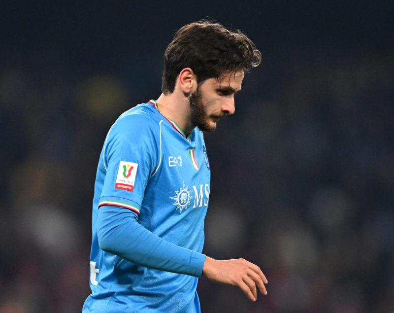 NAPLES, ITALY - DECEMBER 19: Khvicha Kvaratskhelia of SSC Napoli looks dejected during the Coppa Italia - Round of 16 match between SSC Napoli and Frosinone Calcio at Stadio Diego Armando Maradona on December 19, 2023 in Naples, Italy. (Photo by Francesco Pecoraro/Getty Images)
