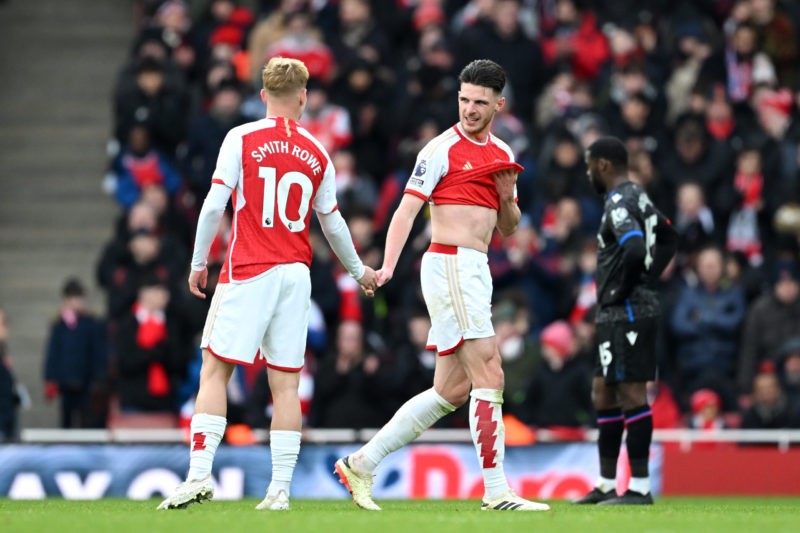 LONDON, ENGLAND - JANUARY 20: Emile Smith Rowe of Arsenal interacts with teammate Declan Rice during the Premier League match between Arsenal FC an...