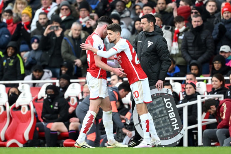 LONDON, ENGLAND - JANUARY 20: Declan Rice of Arsenal is substituted off for teammate Jorginho during the Premier League match between Arsenal FC an...