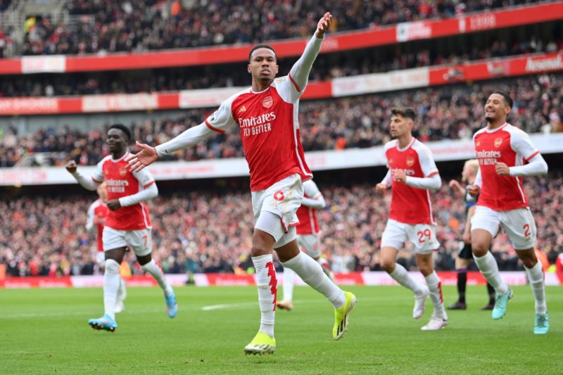 LONDON, ENGLAND - JANUARY 20: Gabriel of Arsenal celebrates scoring his team's first goal during the Premier League match between Arsenal FC and Cr...
